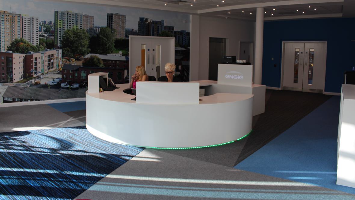 Engie Office Reception Tessera carpet tiles and Coral entrance system